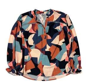 Fate Geo Print Long Sleeve Ruffle Trim Blouse